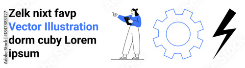 Woman holding and pointing with notebook, gear shape, bold lightning bolt. Ideal for teamwork, innovation, energy, creativity, engineering, productivity modern design simple landing page