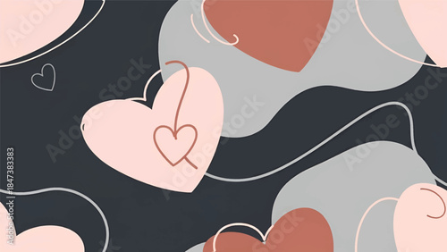 Soft pastel hearts and flowing lines on a dark background, layered blush, terracotta and grey shape
