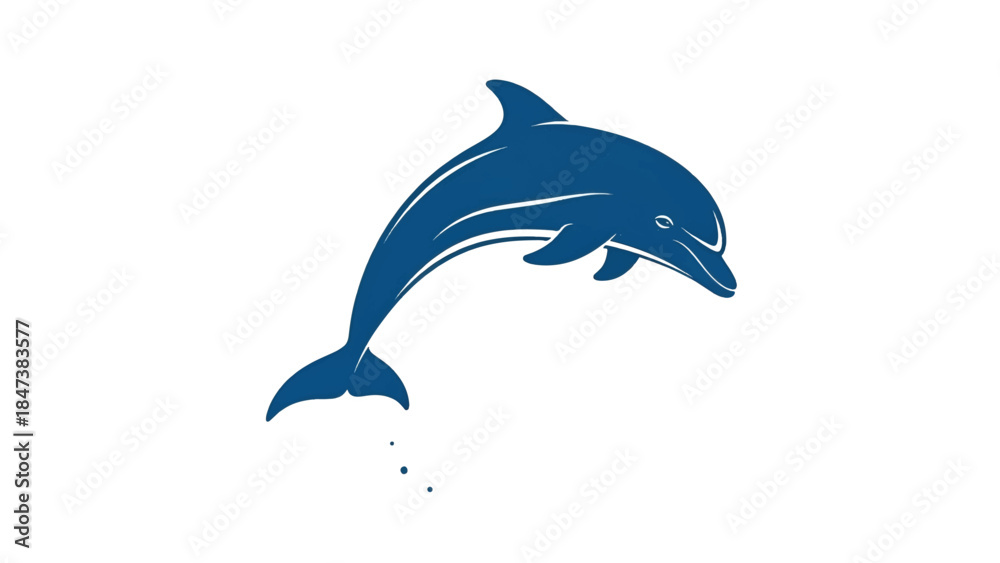 Fototapeta premium Stylized deep-blue dolphin arcing gracefully mid-jump over white background with tail droplets waves