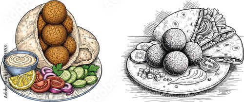 Middle Eastern Falafel Etching Engraving Style Vector Icon Set Isolated Traditional Street Food Illustration
