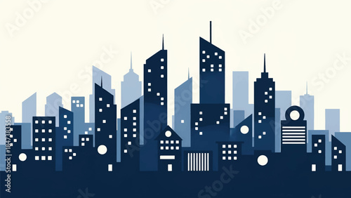 Stylized blue city skyline silhouette with geometric skyscrapers and lit square and circular windows