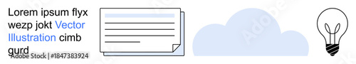 Cloud technology, creative solutions, digital storage, innovative ideas, data management, information sharing. A cloud with a document illustration and a light bulb. Cloud technology and creative