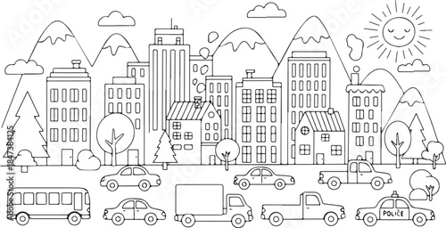 Cityscape with Various Vehicles and Buildings Coloring Page.