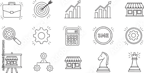 Collection of Business and Finance Icons in Doodle Style.