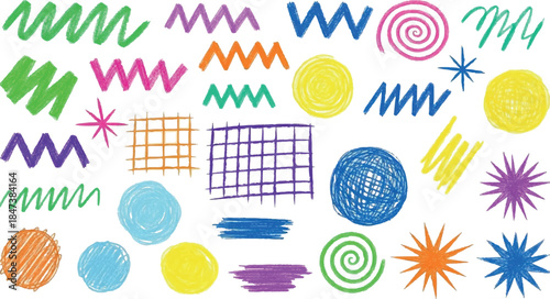 Collection of colorful handdrawn abstract shapes and scribbles.