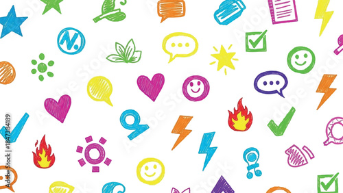 Collection of colorful handdrawn icons and symbols on a white background.