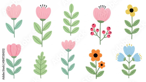 Collection of ten colorful stylized floral illustrations with stems and leaves.