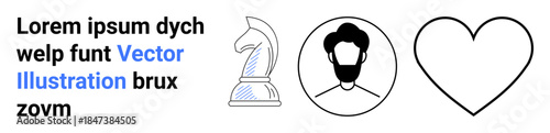 Business strategy, individual identity, love, branding, marketing collateral, design resources. Chess knight piece, circular male avatar and heart shape. Business strategy and individual identity