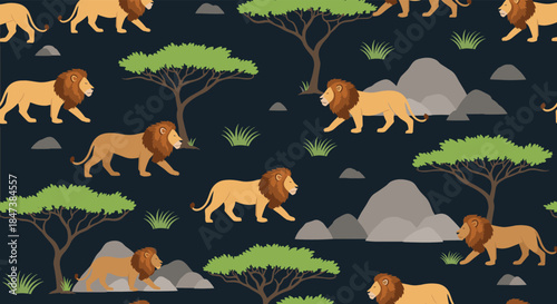 Seamless pattern of majestic male lions walking in a savanna landscape with acacia trees, rocks, and grass on a dark blue background.