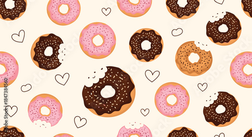 Sweet and delightful seamless pattern of pink and chocolate glazed donuts with sprinkles and outlined hearts on a light cream background.