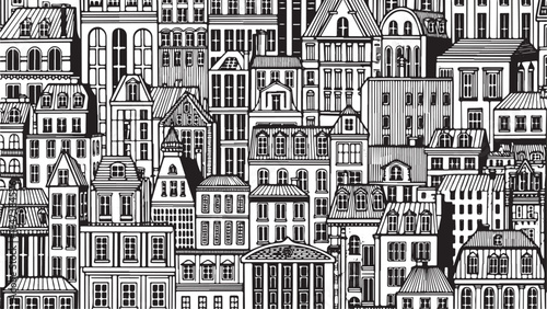 Detailed Black and White Architectural Buildings Facade Pattern.