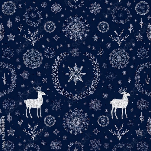 Seamless pattern of stylized winter elements like stars reindeer and wreaths on deep navy blue background great for textile design and classic seasonal pattern concept for Christmas holiday decoration