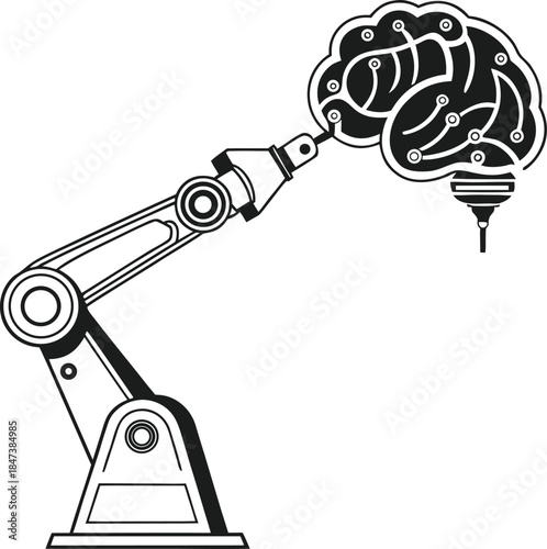 Robotic arm interacting with a brain on white background mechanical industrial
