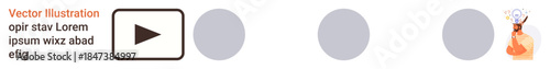 Digital interface, progress tracking, decision making, user interaction, confusion, video playback. Play button, progress dots and confused person. Digital interface and progress tracking concept