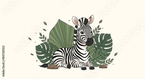 Adorable baby zebra sitting peacefully among lush green tropical leaves like monstera and palm fronds on a light-colored background.