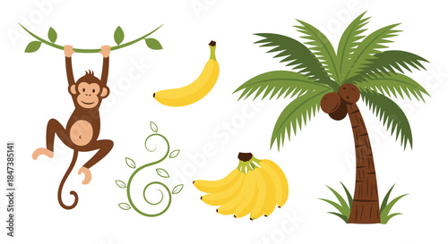Collection of cartoon jungle elements, including a monkey hanging from a vine, bananas, and a coconut palm tree, isolated on white background.