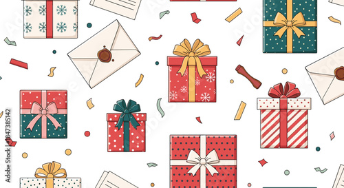 Festive seamless Christmas pattern with beautifully wrapped gift boxes, sealed envelopes, and colorful confetti on a clean white background.