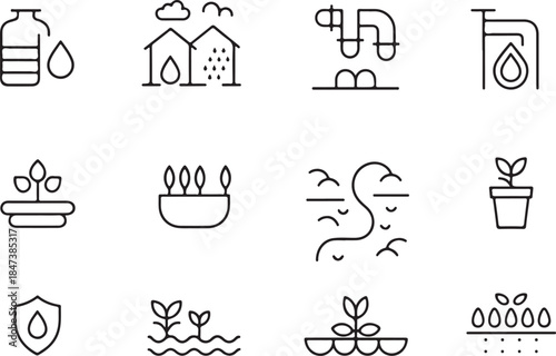 Set of garden icons illustrating plant care and growth