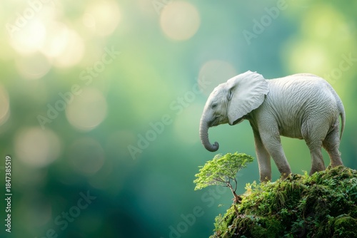 A Young White Elephant Standing on a Lush Mossy Hilltop Beside a Tiny Tree in a Serene Forest