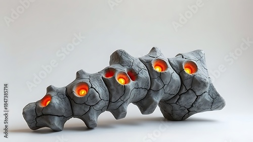 foremost. A sculptural representation of a human spine made of cracked stone with five points of intense pressure glowing warmly. wellbeing guides.