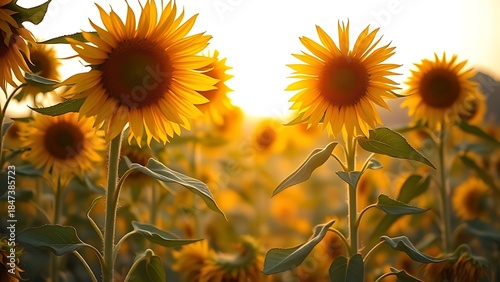 capitulate. Sunflowers swaying in a field during golden hour, nature scene. gardening catalogs, home-decor guides, designed for home decor and floral branding and gardening and botanical catalogs.