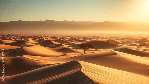 tennessine. Desert landscape with heat waves distorting the view of distant mountains. travel magazines, destination branding, designed for travel destination branding, used by health educators.