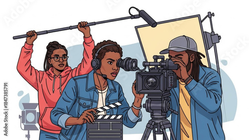 Three people filming a video with a camera, microphone and lighting equipment, capturing a cinematic production scene with a director, cinematographer and boom operator