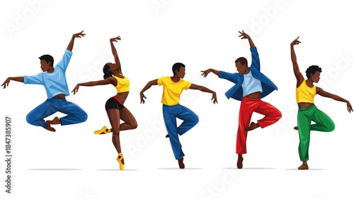 Five dancers in colorful outfits perform dynamic ballet poses in mid air against a white background, showcasing movement and grace in a vibrant illustration