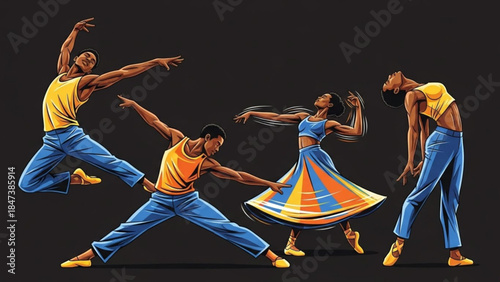 Four dancers in dynamic poses, colorful outfits, black background, abstract illustration, modern dance style, energetic movements, vibrant colors, artistic rendering