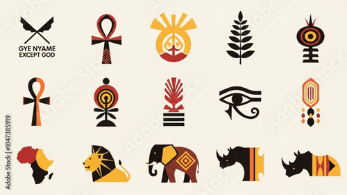 African tribal symbols and icons, ancient egyptian inspired designs, cultural motifs, decorative elements, symbolic illustrations, traditional african patterns