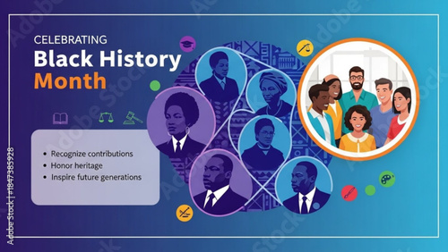 Celebrating black history month with diverse group of people and notable historical figures in a colorful graphic design