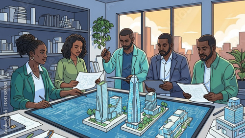 Diverse group of people in office setting analyzing city development project with architectural model on table