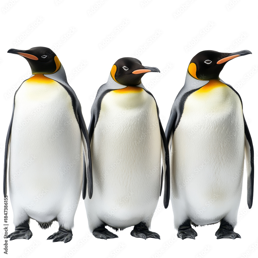 Fototapeta premium Three penguins stand together against a simple transparent background, showcasing their unique features and social behavior, Penguins on transparent background