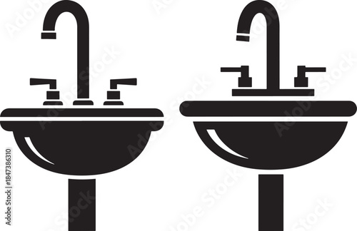 Two black silhouette icons of bathroom sinks with faucets, one pedestal and one vanity style