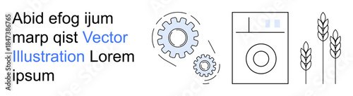 Automation, agriculture, machinery, industrial processes, manufacturing, eco-friendly solutions. Gears, washing machine and wheat . Automation and agriculture through clean visual elements