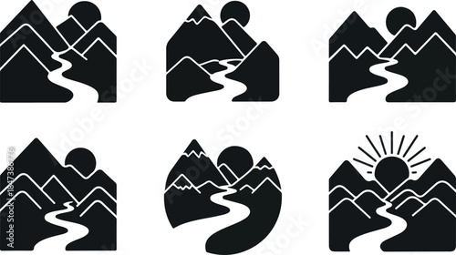 Six black and white icon variations featuring mountains a winding river and a celestial body
