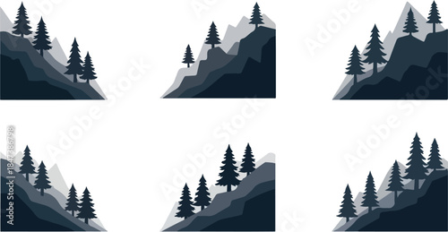 Six distinct arrangements of dark layered mountains and evergreen silhouettes