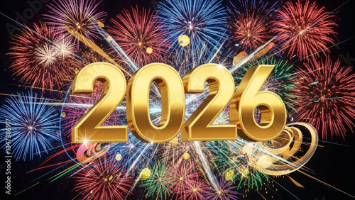 Vibrant fireworks explode in colorful display to celebrate the year 2026 with gold numbers