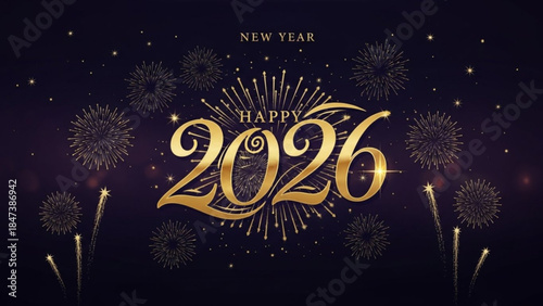 Happy new year 2026 celebration with gold fireworks on black background