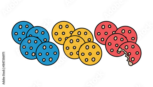 A playful of blue yellow and red round cookies with light brown dots and one red cookie bitten on a white background