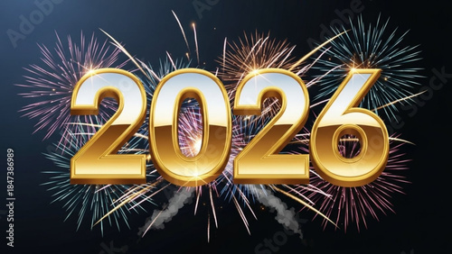 Golden 2026 new year celebration with fireworks on dark background