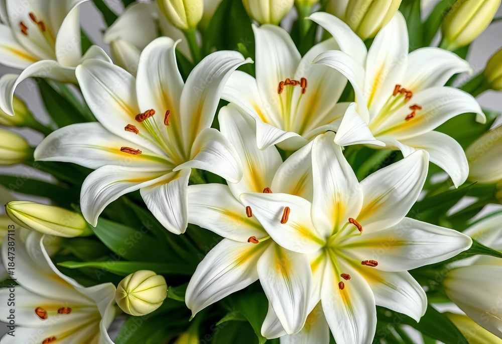 Fototapeta premium Elegant white lilies arranged in a lush bouquet, remembrance, romantic