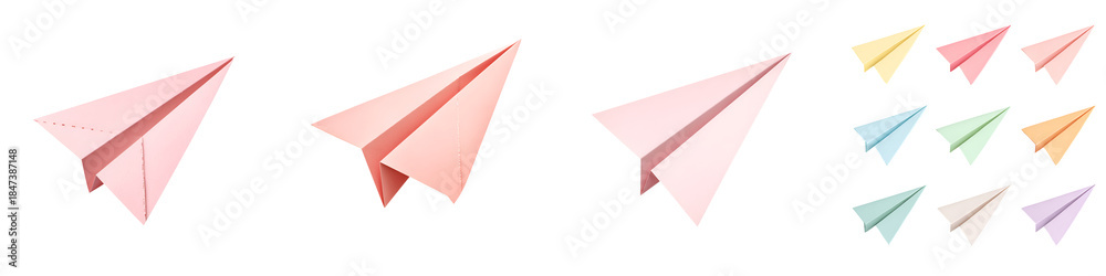 Fototapeta premium Collection of Pastel Paper Airplanes on White Background