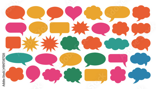 Assortment of colorful speech bubbles and thought clouds in various shapes and sizes on white background