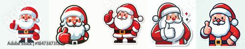 Santa Claus sticker giving thumbs up, positive and friendly pose. Vector, minimalist, illustration, icon set.