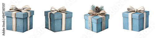 Four Blue Gift Boxes with Bows and Ribbons on a White Background