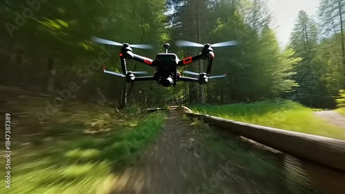 Drone flying over a forest trail with obstacles nearby