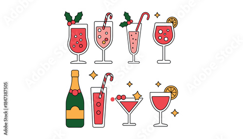 Collection of festive red drinks in glasses and a bottle with candy canes and holly decorations beverage