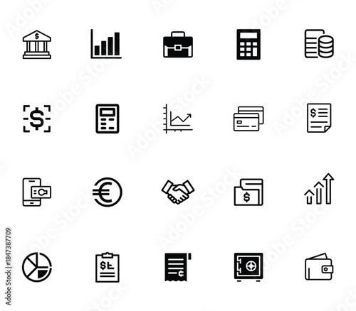 Collection of financial icons, symbols for banking, money, investment, business and payment services, line art vector