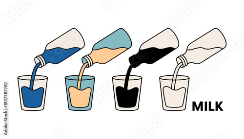 Four bottles pouring different colored liquids into glasses with the word M I L K milk